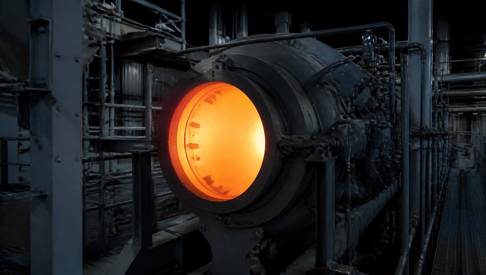 Gas turbine combustor glowing from within, a flame near 1,900 K whose exergy is largely destroyed on the way to useful work.