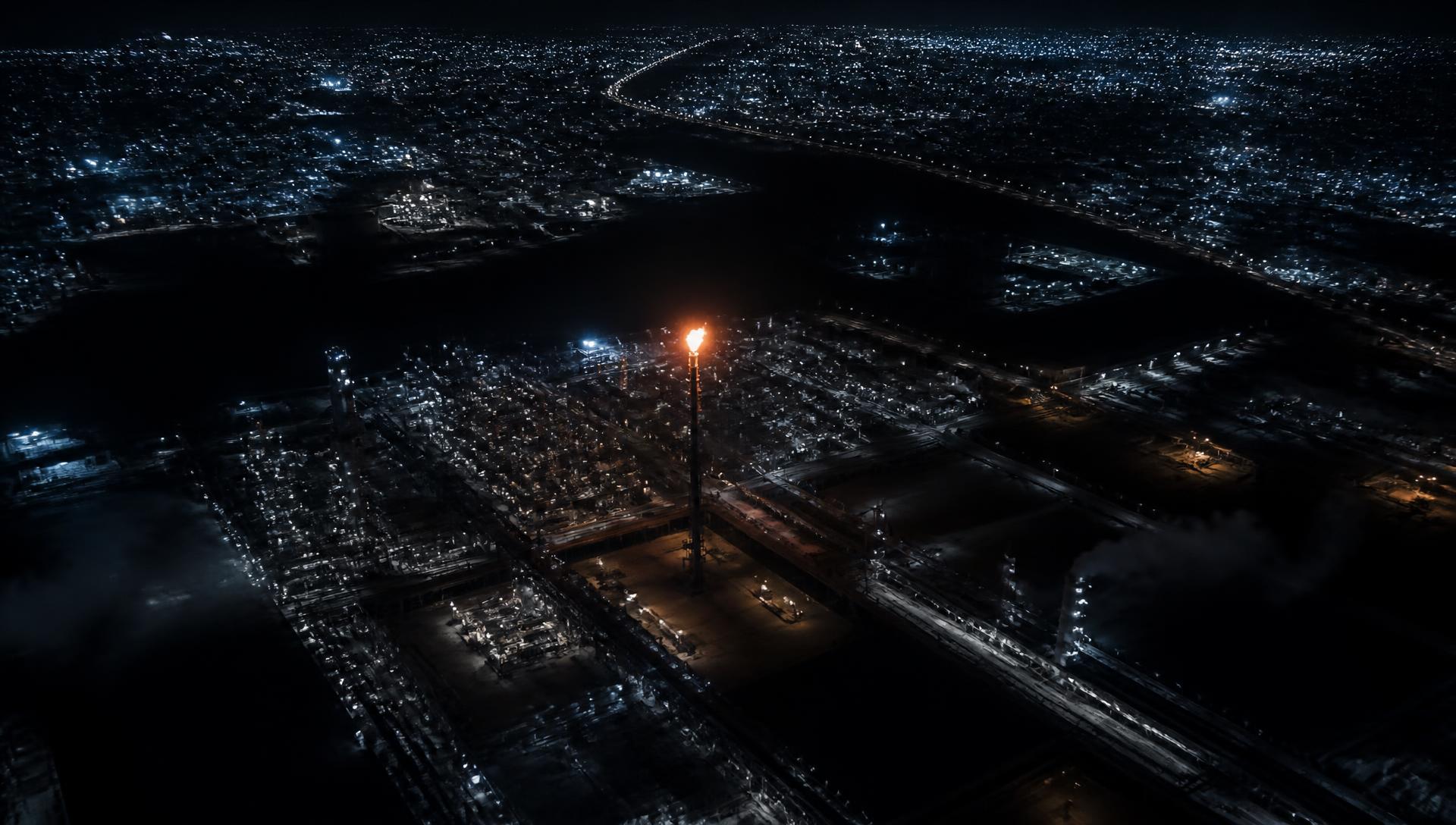 Aerial night view of a refinery complex with a burning flare stack, exergy destroyed before it reaches any useful process.
