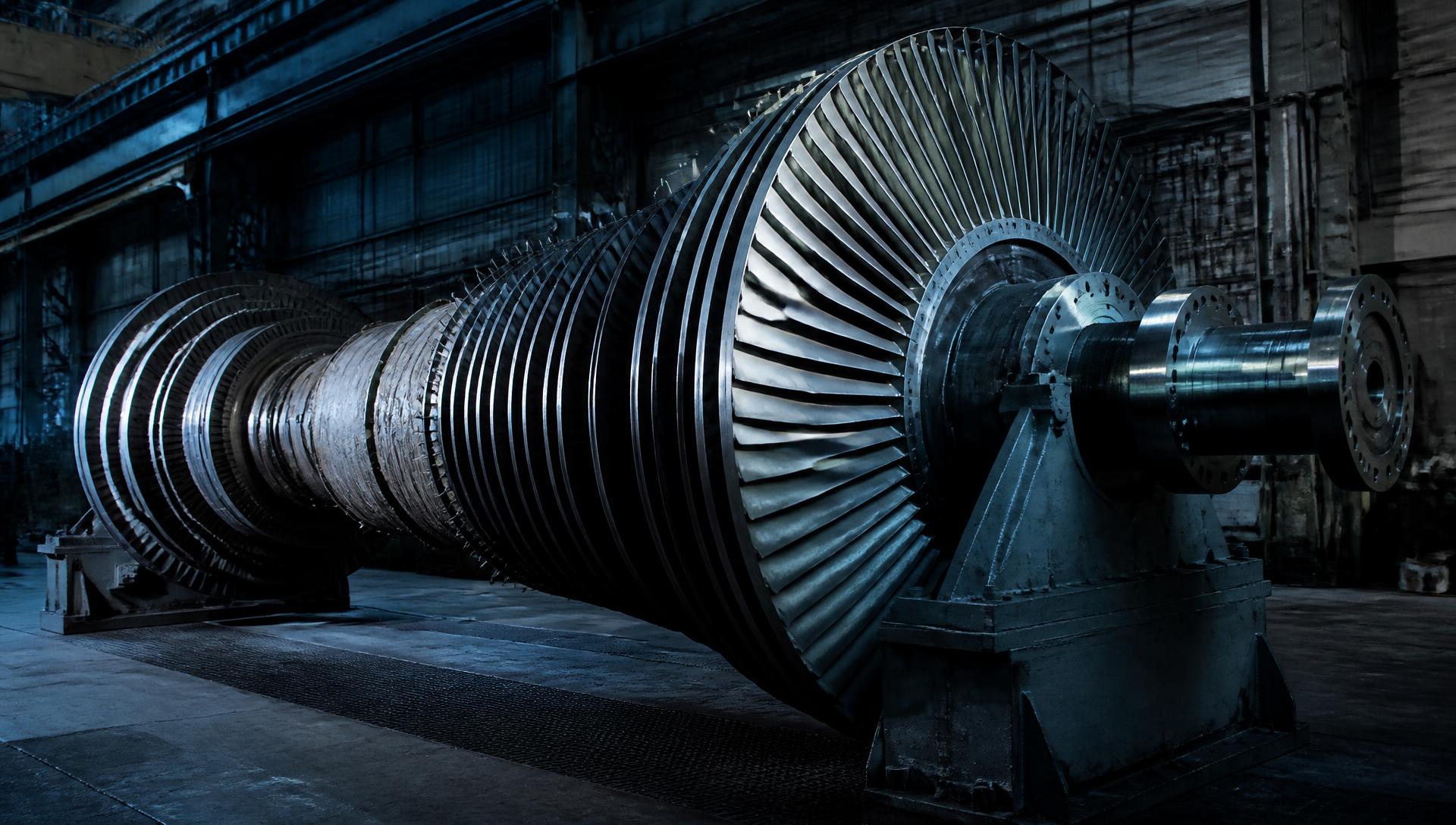 Steam turbine rotor on a shop floor, cold light raking across the blade rows that expand high pressure steam into shaft work.