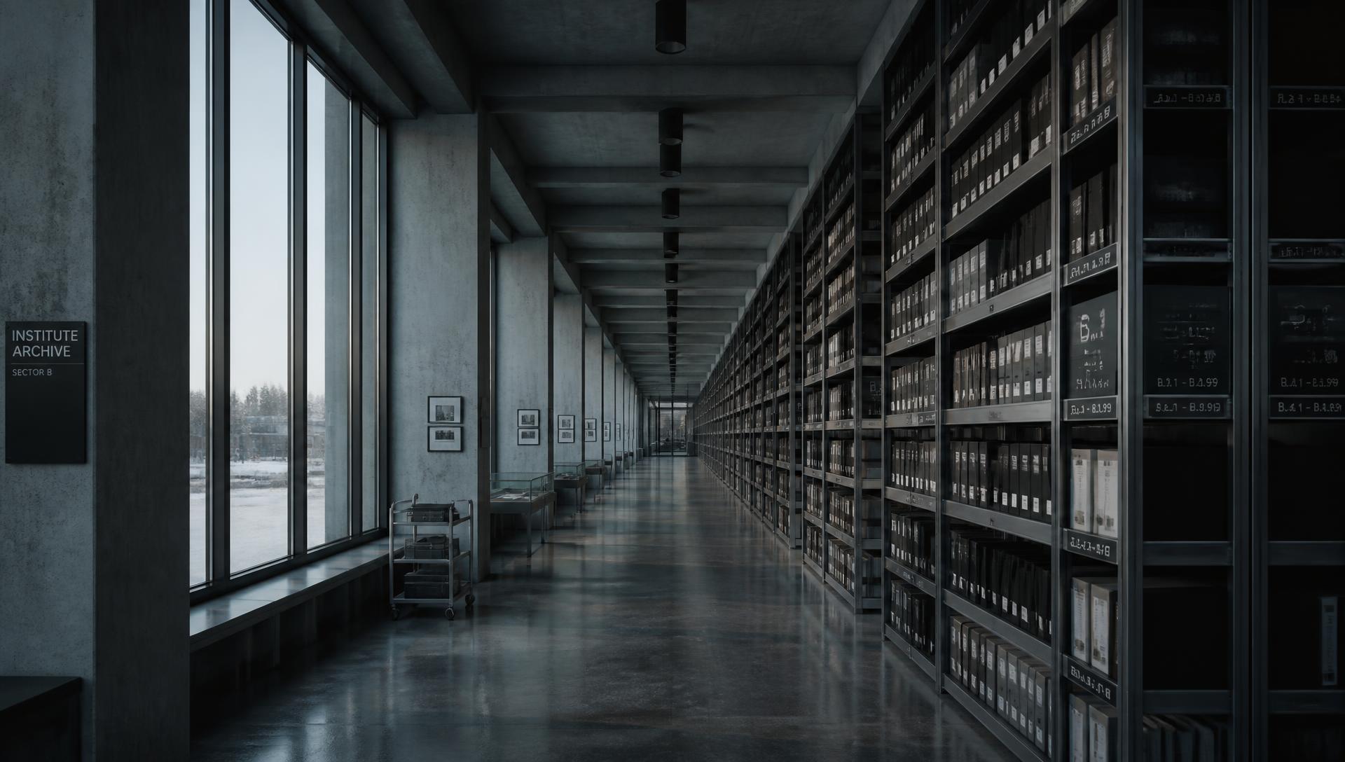 Institute archive interior in cold daylight, shelved reference volumes on thermodynamics and energy accounting.