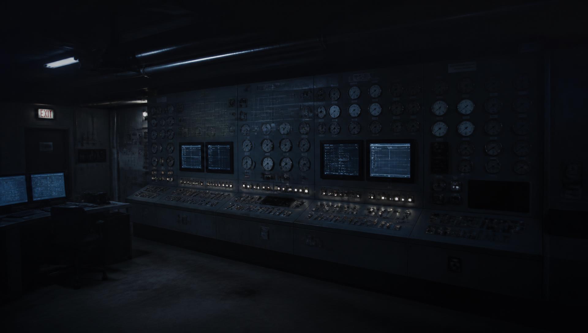 Darkened plant control room with a wall of instrumentation reading temperatures, pressures and flows.