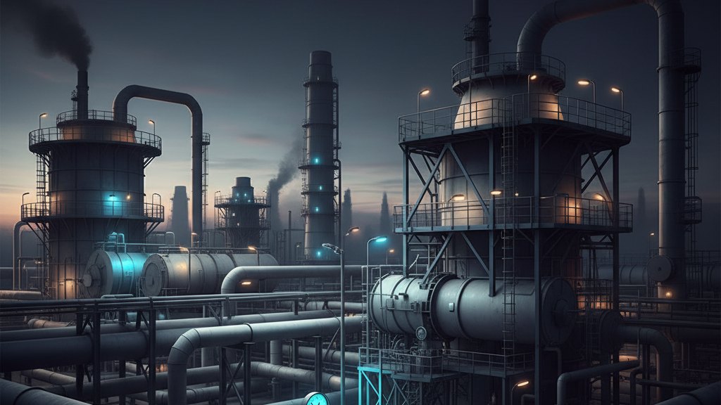 Close-up of industrial steel piping and high-pressure valves in a modern thermal power facility.