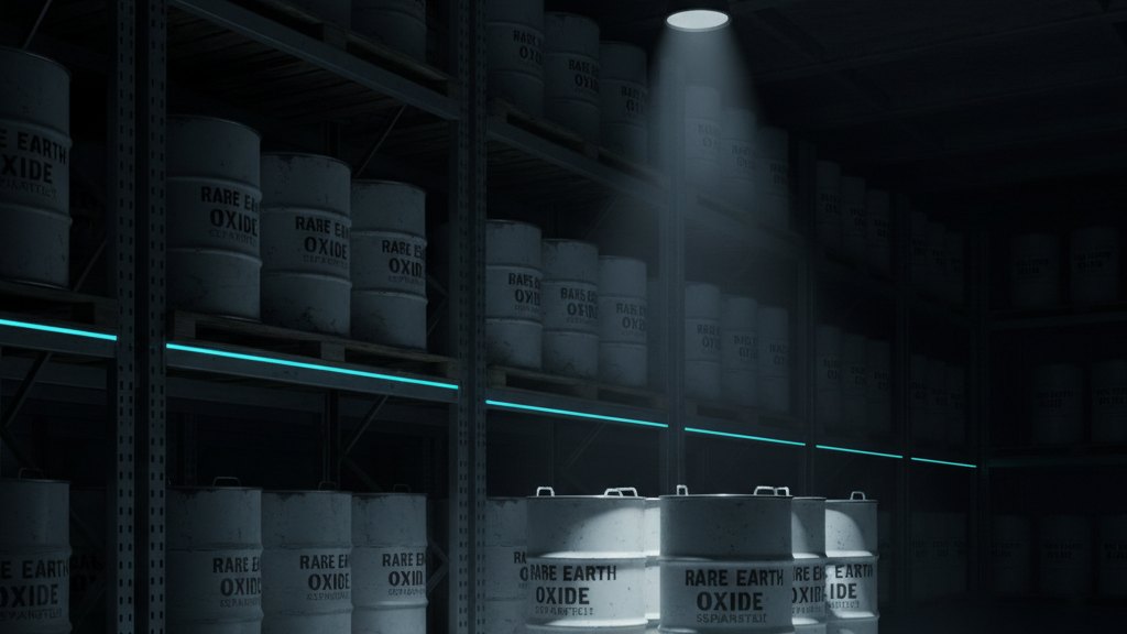 Sealed steel drums of rare earth oxide powder stacked on pallets in a dimly lit warehouse.