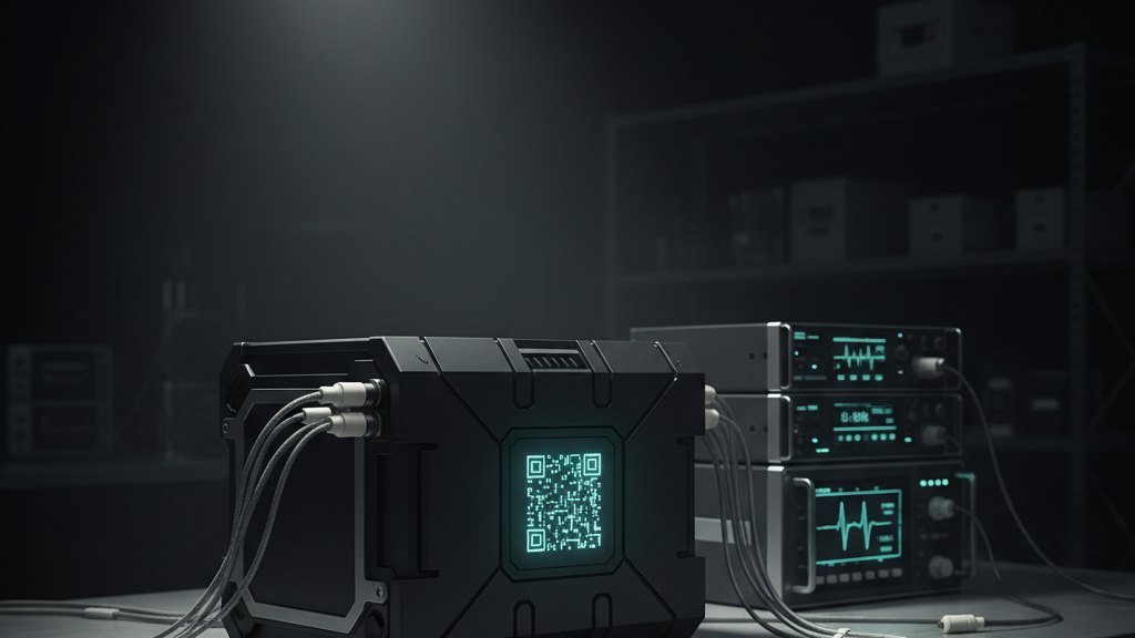An industrial lithium-ion battery module with an identification code panel on a test bench.