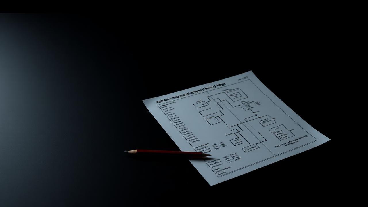 Printed energy accounting tables and a flow diagram on a dark desk