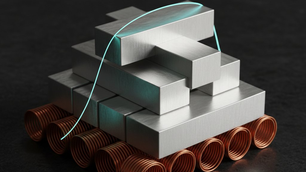 Close-up of stacked aluminium ingots and copper coils representing the thermodynamic value and purity of recovered industrial metals.