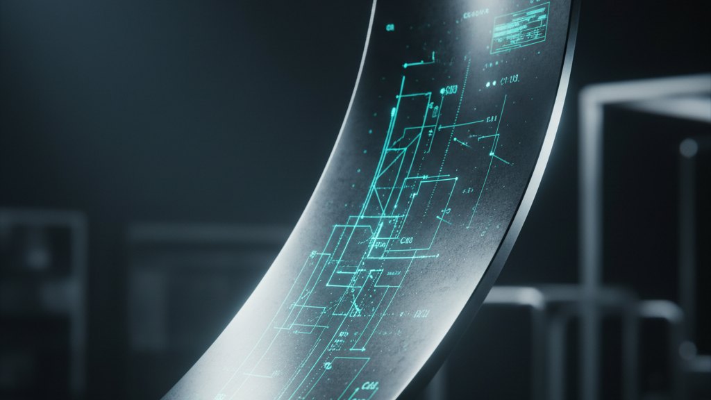 Close-up of an industrial turbine blade with soft lighting and scientific data overlays reflecting on its metallic surface.