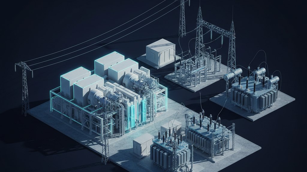 Photorealistic aerial view of a clean energy industrial facility at twilight, showing complex piping and electrical infrastructure.