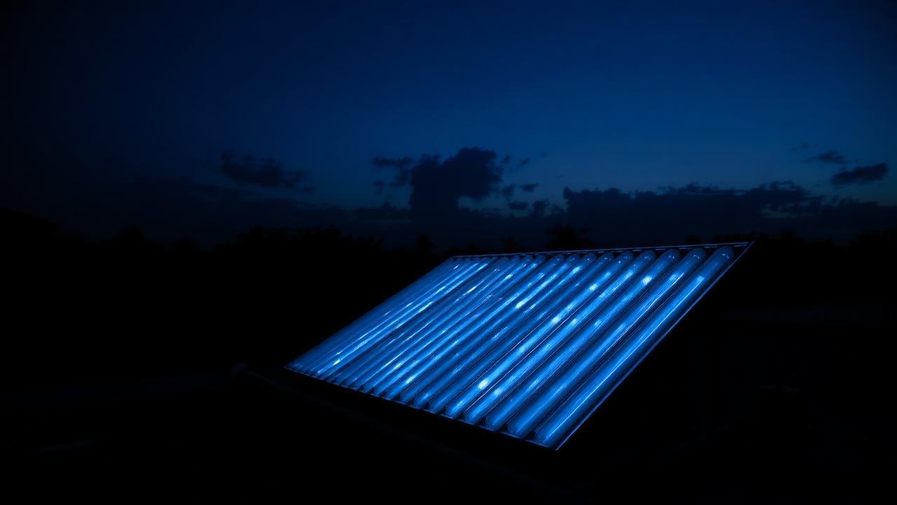 Evacuated tube solar collector array on a rooftop against a dark dusk sky