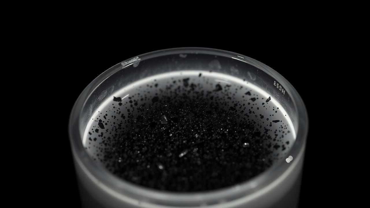 Paraffin wax composite sample with dispersed dark graphene flakes in a laboratory dish