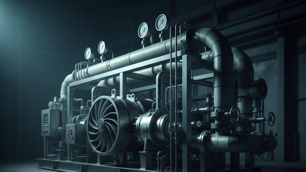 An industrial high-temperature heat pump skid with compressor and insulated steam headers in a plant room.