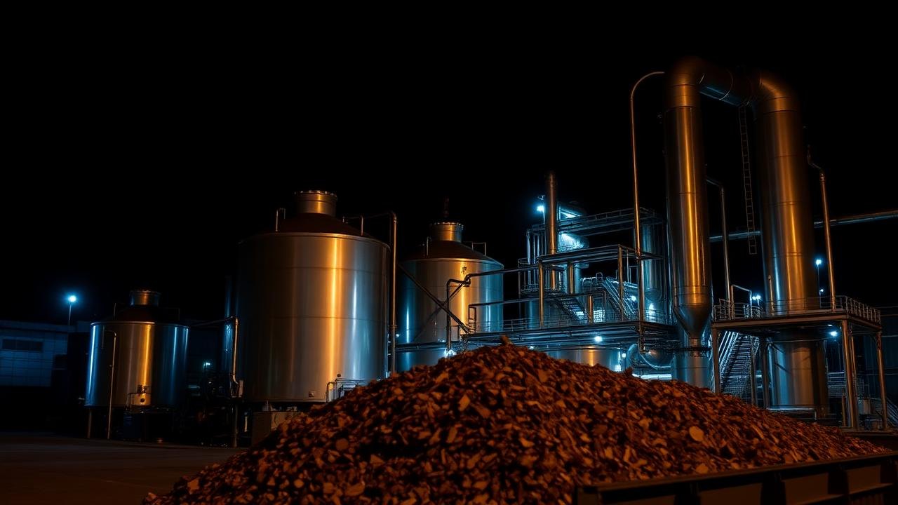 Biomass gasification plant at night with steel reactor vessels and a residue pile