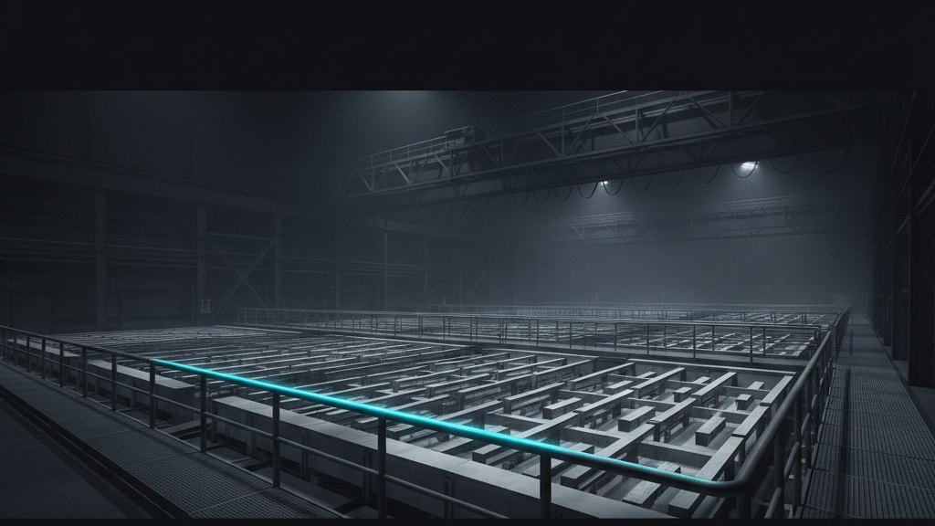 Rows of electrowinning cells inside a metals refinery hall at night beneath overhead crane rails.