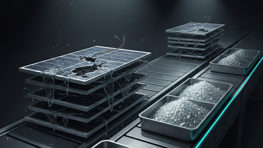 End-of-life solar modules on a recycling line beside trays of recovered glass cullet and metal powder.