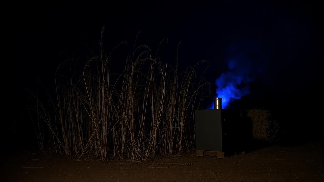 Dense stand of invasive weed vegetation beside a small steel gasifier at dusk