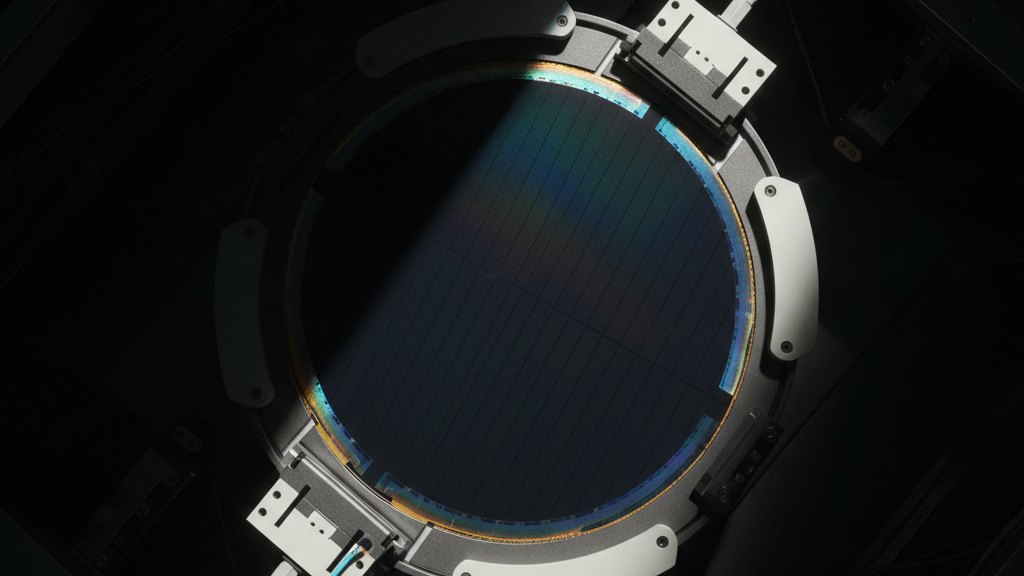 A tandem solar cell wafer mounted in a laboratory measurement fixture under directional simulator light.