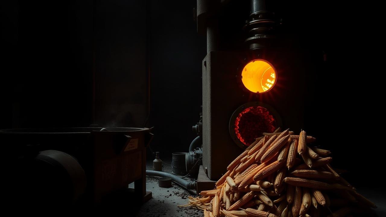 Laboratory fixed-bed gasifier with a pile of dried maize cobs beside the feed hopper
