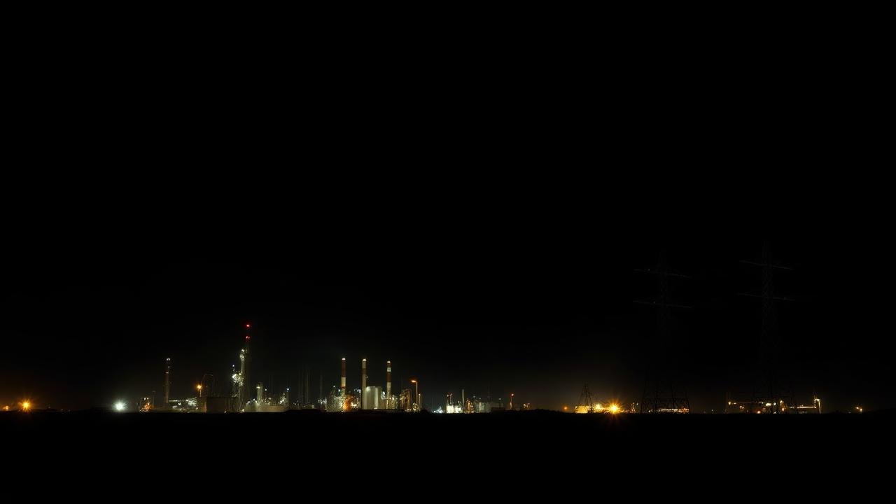 Refinery towers and transmission pylons on the horizon at night