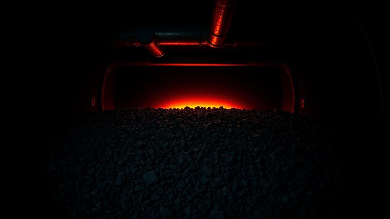 Packed bed of dark aggregate inside a steel thermal store with a faint orange glow