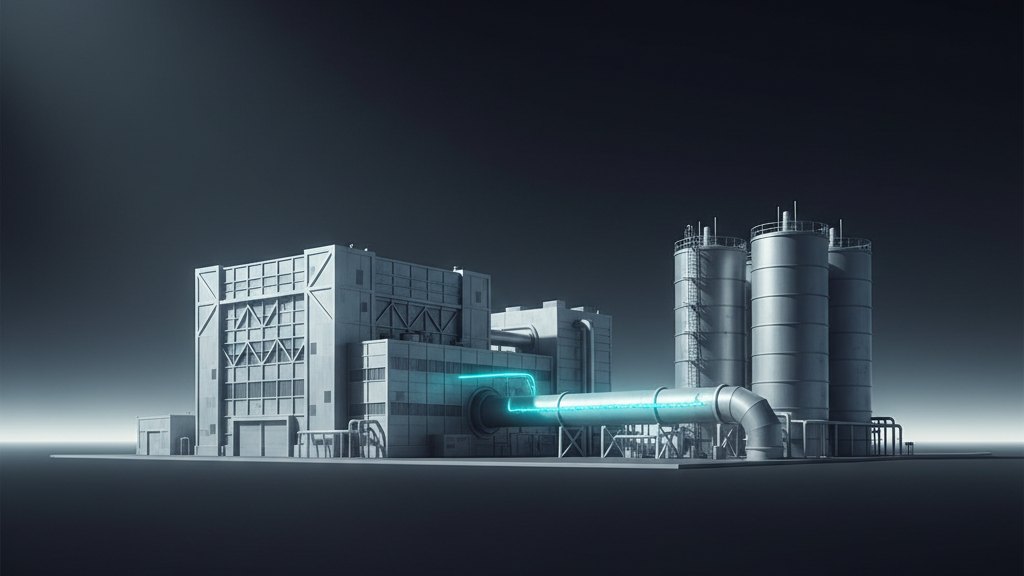 Photorealistic view of modern industrial infrastructure featuring large heat pump systems and thermal storage tanks.