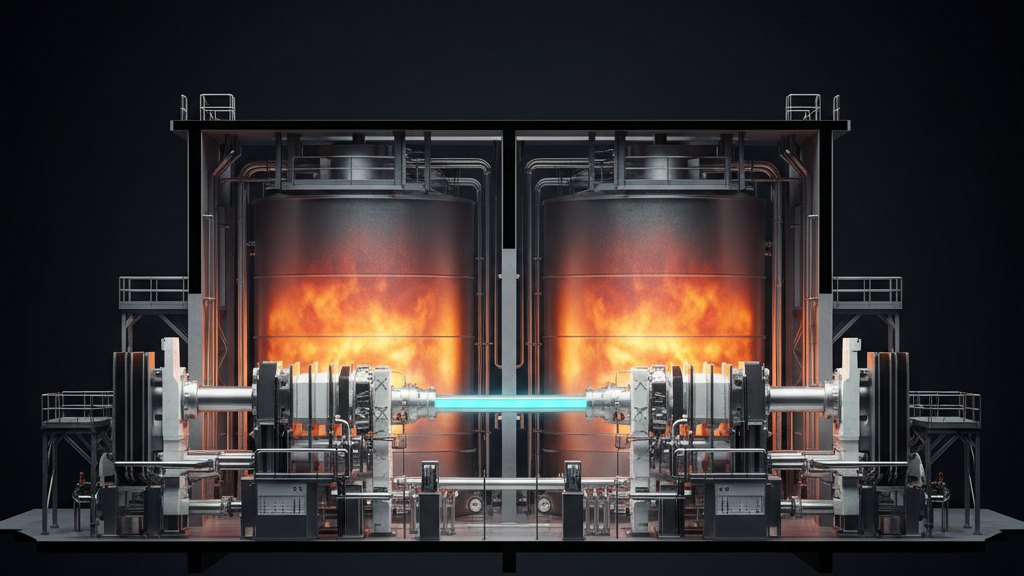 Photorealistic industrial view of molten salt tanks and heat exchangers within a modern thermal energy storage facility.
