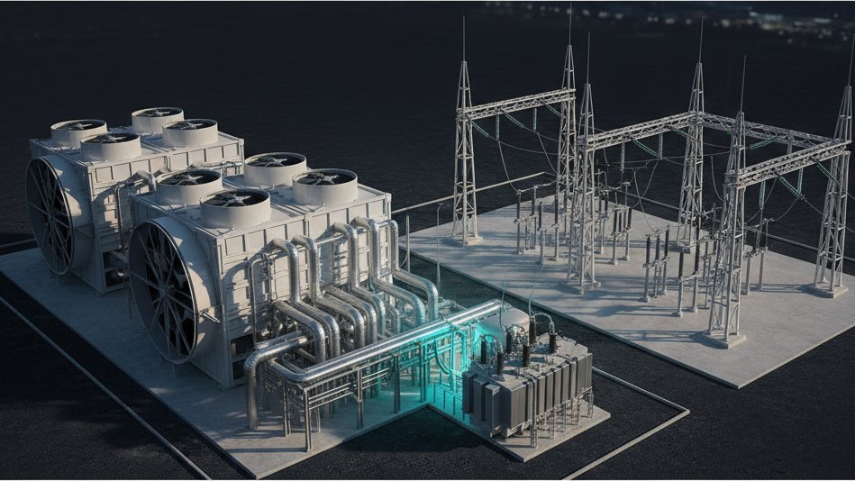 A detailed industrial scene showing modern electrical infrastructure and thermal management systems integrated into a clean facility.