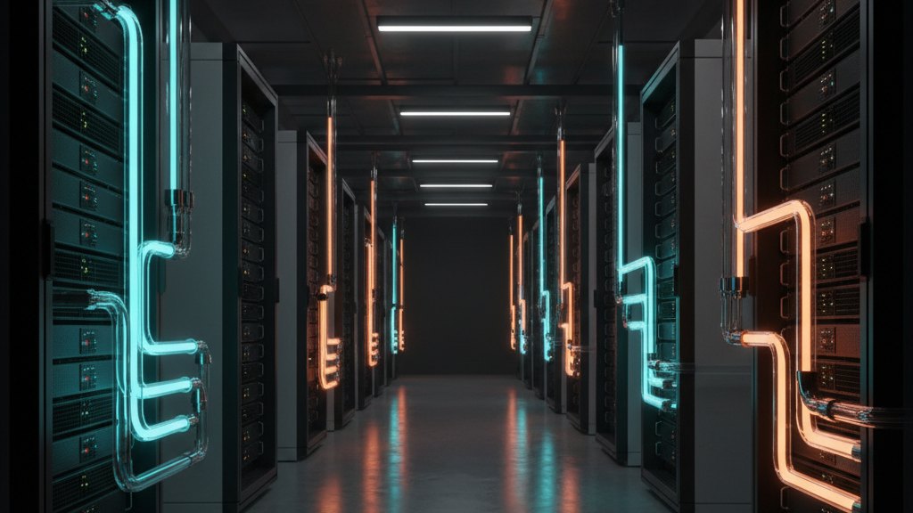 Photorealistic view of high-density server racks with integrated liquid-cooling infrastructure in a brightly lit data centre.