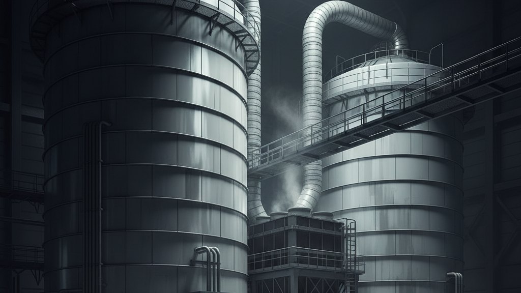 Two insulated industrial storage silos linked by lagged pipework inside a plant hall.