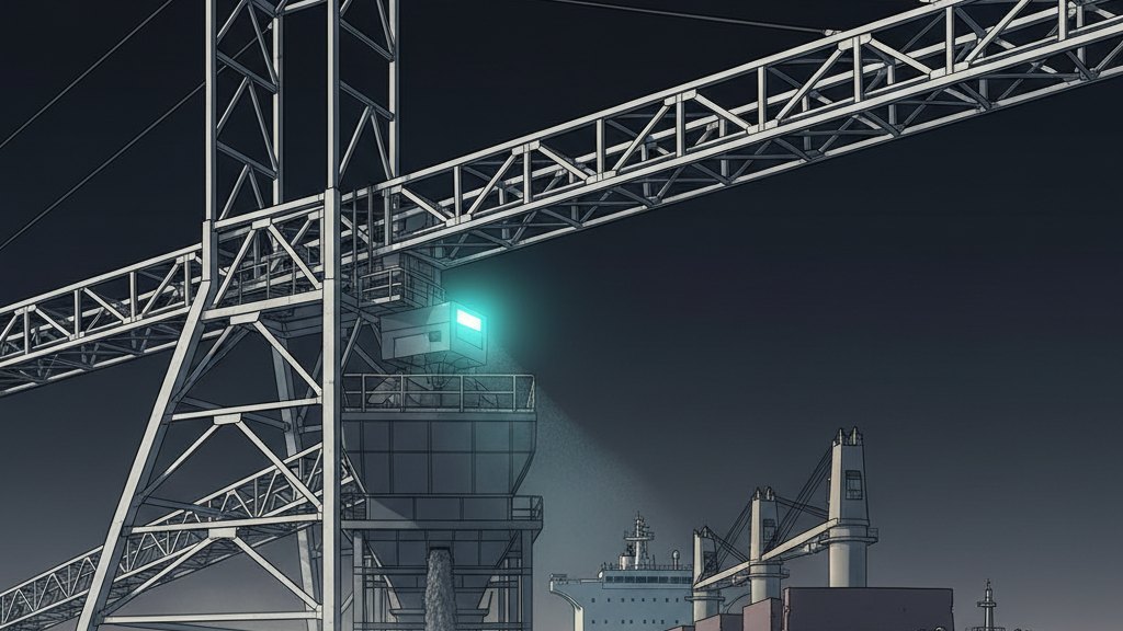 Mineral concentrate being loaded by conveyor gantry onto a bulk carrier at an industrial port.
