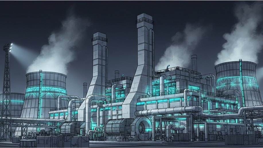 Photorealistic image of a complex industrial facility at twilight with illuminated pipes and cooling towers showing rising steam.