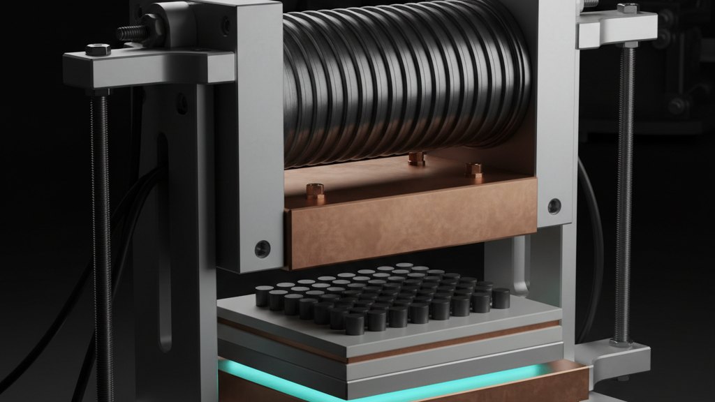 A thermoelectric module clamped between a hot duct surface and a finned cold plate in a test rig.
